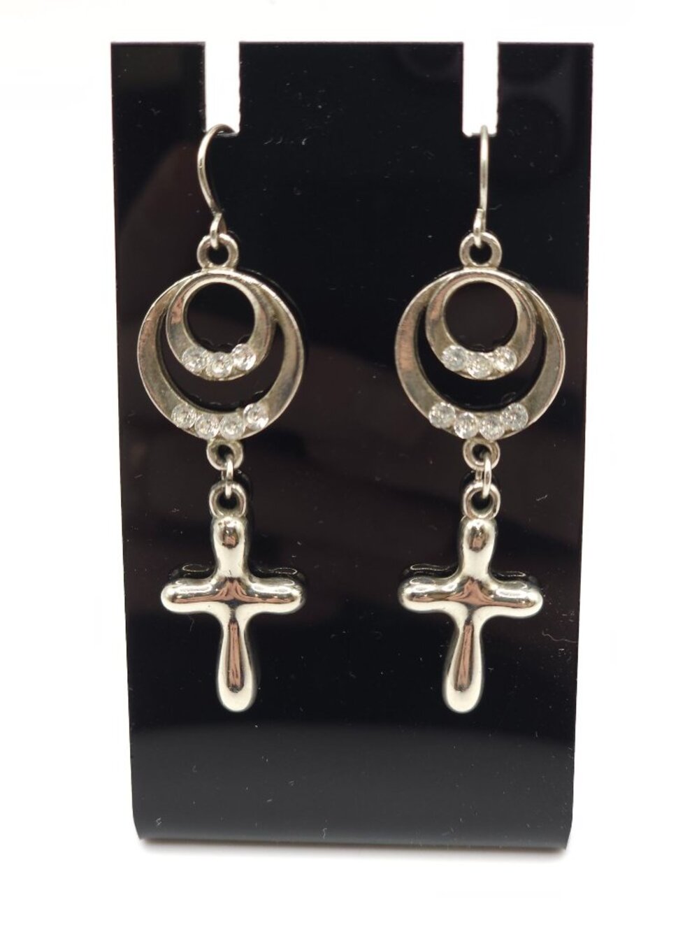 Silver Cross Dangle Earrings With Rhinestone Accents & Circular Detailing